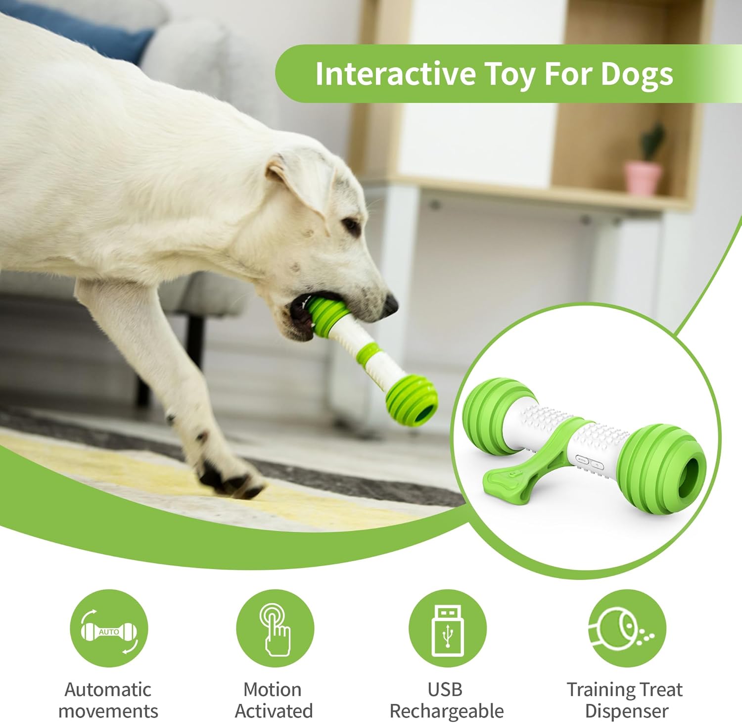 Interactive Dog Toys, Motion Activated Electronic Dog Toy Interactive Dog Bone Toys for Medium Large Dogs, USB Rechargeable Automatic Dog Toy for Boredom and Stimulating (Green)