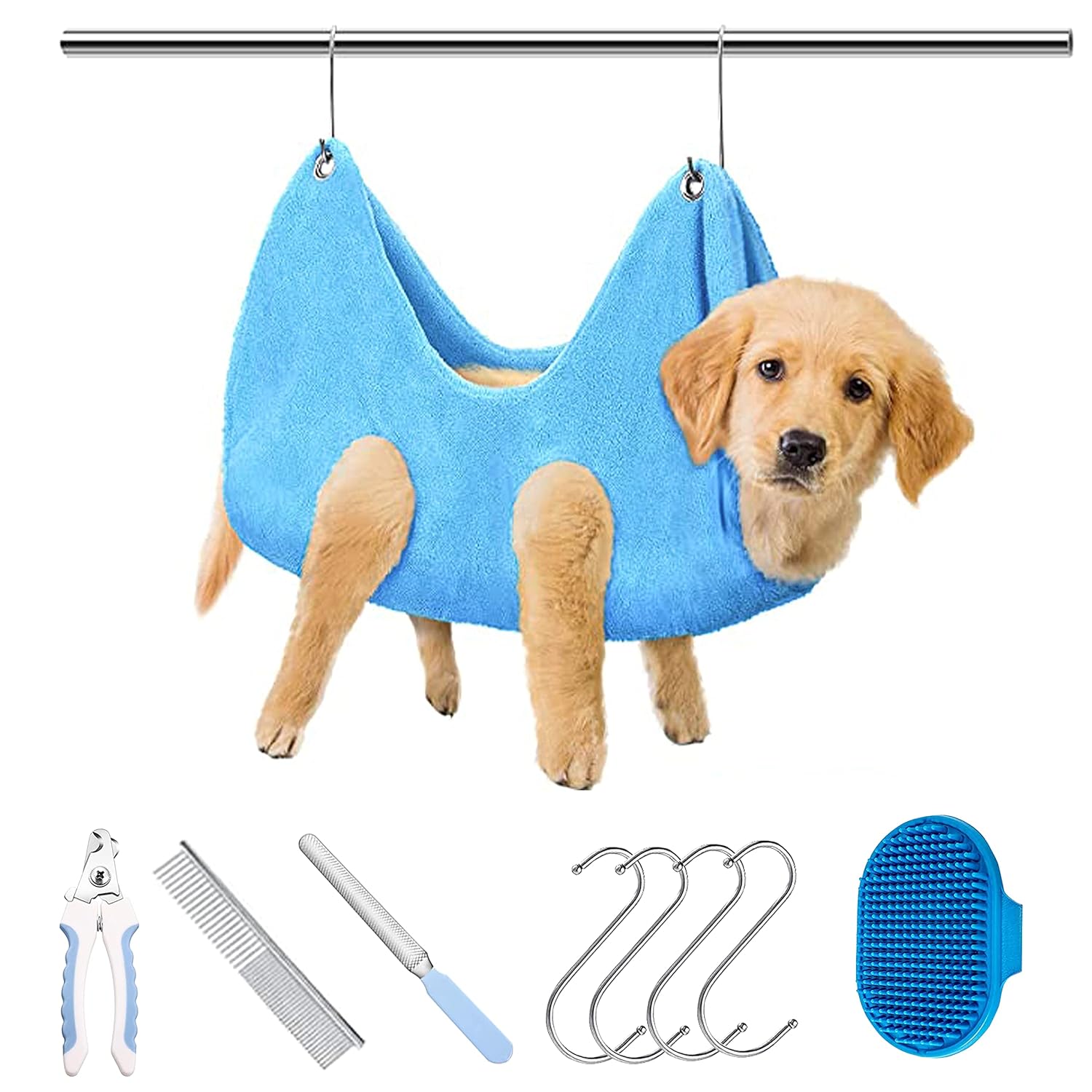 Pet Grooming Hammock Harness, Dogs & Cats Relaxation Restraint Grooming Bag with Pet Nail Clippers/Trimmer, Pet Comb, Dog Grooming Brush for Nail Clipping,Bathing, Clean Teeth, Ear/Eye Care L